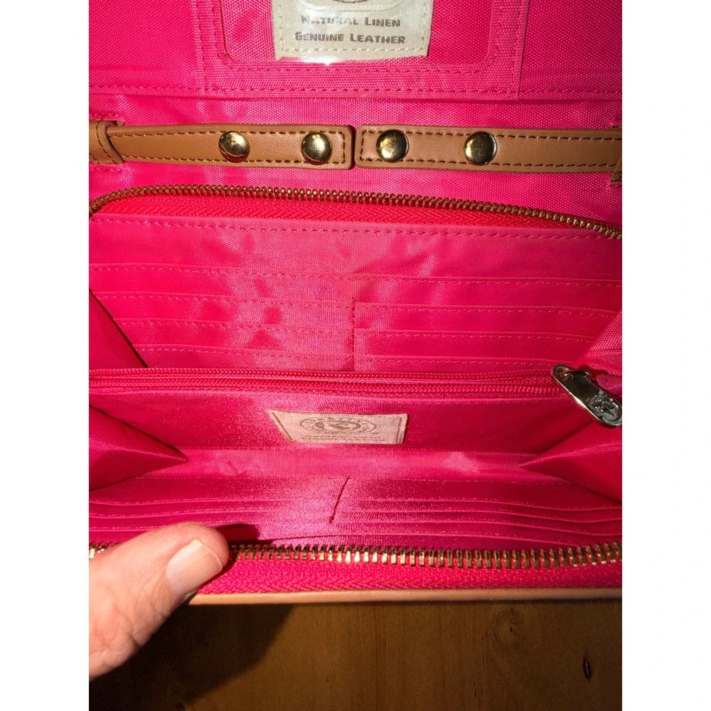 Spartina 449 Paisley Linen Leather Crossbody Wallet Bag Pink Tan Gold‎ Logo